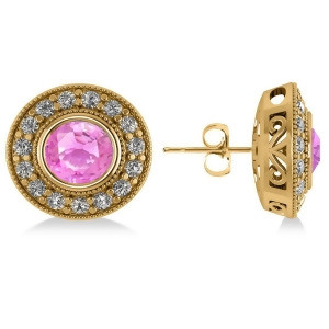 Pink Sapphire and Diamond Halo Round Earrings 14k Yellow Gold 3.72ct - All