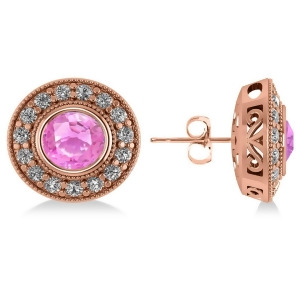 Pink Sapphire and Diamond Halo Round Earrings 14k Rose Gold 3.72ct - All
