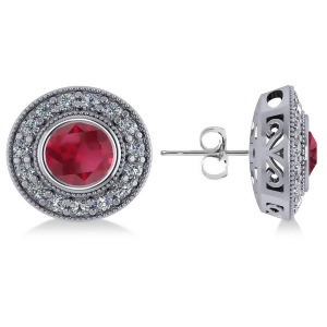 Ruby and Diamond Halo Round Earrings 14k White Gold 3.72ct - All