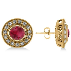 Ruby and Diamond Halo Round Earrings 14k Yellow Gold 3.72ct - All