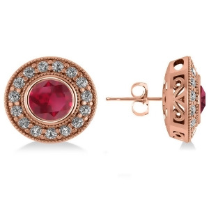 Ruby and Diamond Halo Round Earrings 14k Rose Gold 3.72ct - All