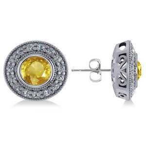 Yellow Sapphire and Diamond Halo Round Earrings 14k White Gold 3.72ct - All