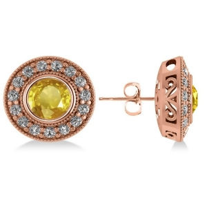 Yellow Sapphire and Diamond Halo Round Earrings 14k Rose Gold 3.72ct - All