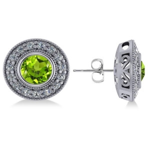 Peridot and Diamond Halo Round Earrings 14k White Gold 3.12ct - All