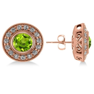 Peridot and Diamond Halo Round Earrings 14k Rose Gold 3.12ct - All