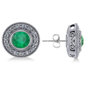 Emerald and Diamond Halo Round Earrings 14k White Gold 3.42ct - All