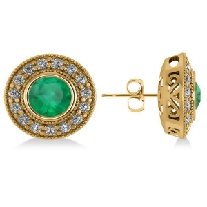 Emerald and Diamond Halo Round Earrings 14k Yellow Gold 3.42ct - All