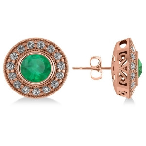 Emerald and Diamond Halo Round Earrings 14k Rose Gold 3.42ct - All