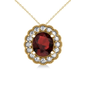 Garnet and Diamond Floral Oval Pendant Necklace 14k Yellow Gold 2.98ct - All