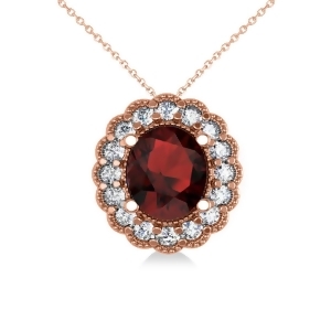 Garnet and Diamond Floral Oval Pendant Necklace 14k Rose Gold 2.98ct - All