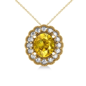 Yellow Sapphire and Diamond Floral Oval Pendant Necklace 14k Yellow Gold 2.98ct - All