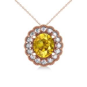 Yellow Sapphire and Diamond Floral Oval Pendant Necklace 14k Rose Gold 2.98ct - All