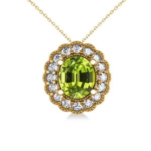 Peridot and Diamond Floral Oval Pendant Necklace 14k Yellow Gold 2.98ct - All