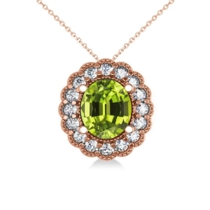 Peridot and Diamond Floral Oval Pendant Necklace 14k Rose Gold 2.98ct - All