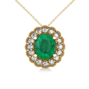 Emerald and Diamond Floral Oval Pendant Necklace 14k Yellow Gold 2.98ct - All