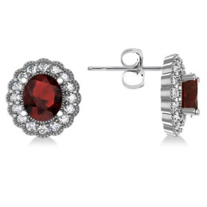 Garnet and Diamond Floral Oval Earrings 14k White Gold 5.96ct - All