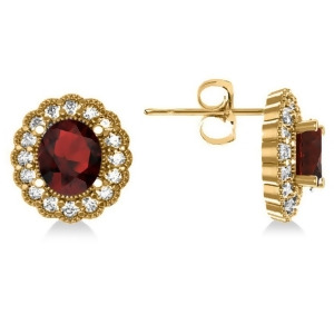 Garnet and Diamond Floral Oval Earrings 14k Yellow Gold 5.96ct - All