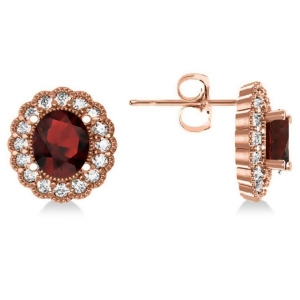 Garnet and Diamond Floral Oval Earrings 14k Rose Gold 5.96ct - All