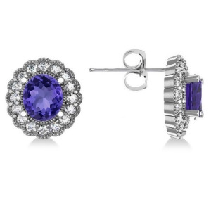 Tanzanite and Diamond Floral Oval Earrings 14k White Gold 5.96ct - All