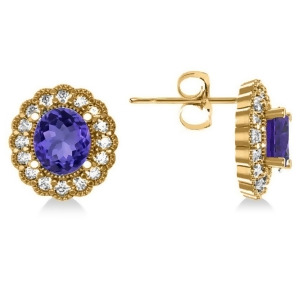 Tanzanite and Diamond Floral Oval Earrings 14k Yellow Gold 5.96ct - All