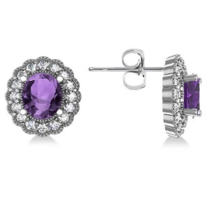 Amethyst and Diamond Floral Oval Earrings 14k White Gold 5.96ct - All