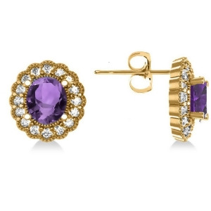 Amethyst and Diamond Floral Oval Earrings 14k Yellow Gold 5.96ct - All