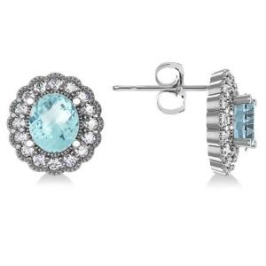 Aquamarine and Diamond Floral Oval Earrings 14k White Gold 5.96ct - All