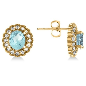 Aquamarine and Diamond Floral Oval Earrings 14k Yellow Gold 5.96ct - All