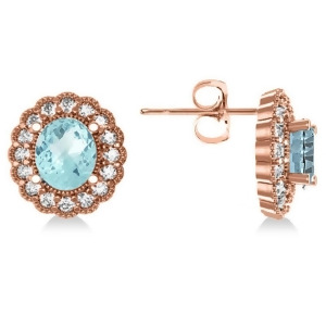 Aquamarine and Diamond Floral Oval Earrings 14k Rose Gold 5.96ct - All
