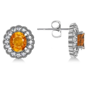 Citrine and Diamond Floral Oval Earrings 14k White Gold 5.96ct - All