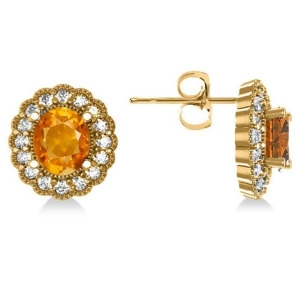 Citrine and Diamond Floral Oval Earrings 14k Yellow Gold 5.96ct - All