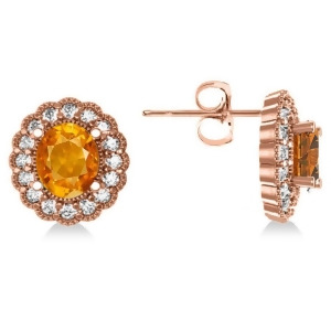 Citrine and Diamond Floral Oval Earrings 14k Rose Gold 5.96ct - All