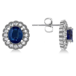 Blue Sapphire and Diamond Floral Oval Earrings 14k White Gold 5.96ct - All