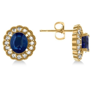 Blue Sapphire and Diamond Floral Oval Earrings 14k Yellow Gold 5.96ct - All