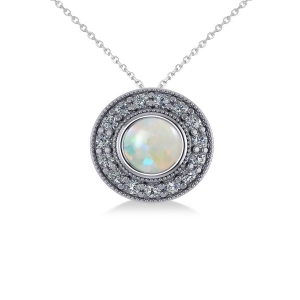 Round Opal and Diamond Halo Pendant Necklace 14k White Gold 1.20ct - All