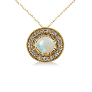 Round Opal and Diamond Halo Pendant Necklace 14k Yellow Gold 1.20ct - All