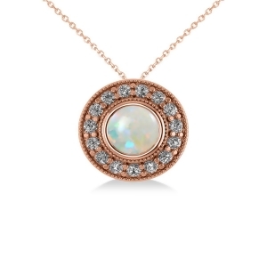 Round Opal and Diamond Halo Pendant Necklace 14k Rose Gold 1.20ct - All