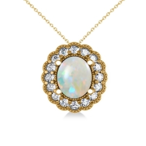 Opal and Diamond Floral Oval Pendant Necklace 14k Yellow Gold 2.98ct - All