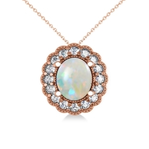 Opal and Diamond Floral Oval Pendant Necklace 14k Rose Gold 2.98ct - All