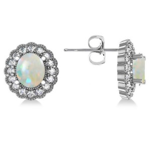 Opal and Diamond Floral Oval Earrings 14k White Gold 5.96ct - All