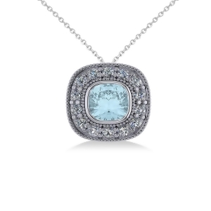 Aquamarine and Diamond Halo Cushion Pendant Necklace 14k White Gold 1.23ct - All