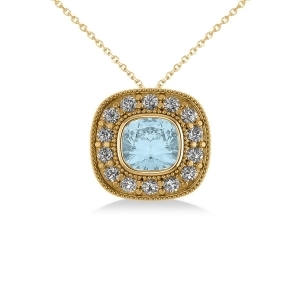 Aquamarine and Diamond Halo Cushion Pendant Necklace 14k Yellow Gold 1.23ct - All