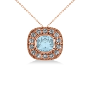 Aquamarine and Diamond Halo Cushion Pendant Necklace 14k Rose Gold 1.23ct - All