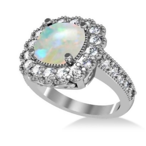 Opal and Diamond Cushion Halo Engagement Ring 14k White Gold 2.82ct - All