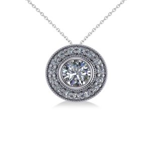 Round Diamond Halo Pendant Necklace 14k White Gold 1.45ct - All