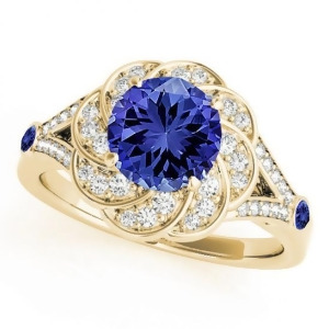 Diamond and Tanzanite Floral Swirl Engagement Ring 14k Yellow Gold 1.25ct - All