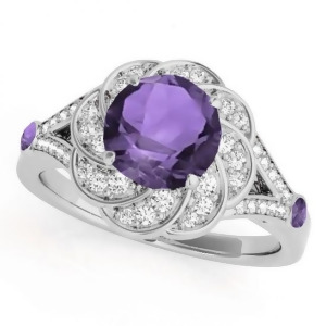 Diamond and Amethyst Floral Swirl Engagement Ring 14k White Gold 1.25ct - All