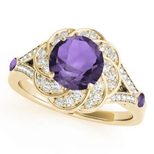 Diamond and Amethyst Floral Swirl Engagement Ring 14k Yellow Gold 1.25ct - All