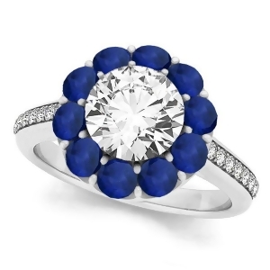 Floral Diamond and Blue Sapphire Halo Engagement Ring 14k White Gold 2.50ct - All