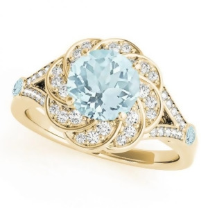 Diamond and Aquamarine Floral Swirl Engagement Ring 14k Yellow Gold 1.25ct - All